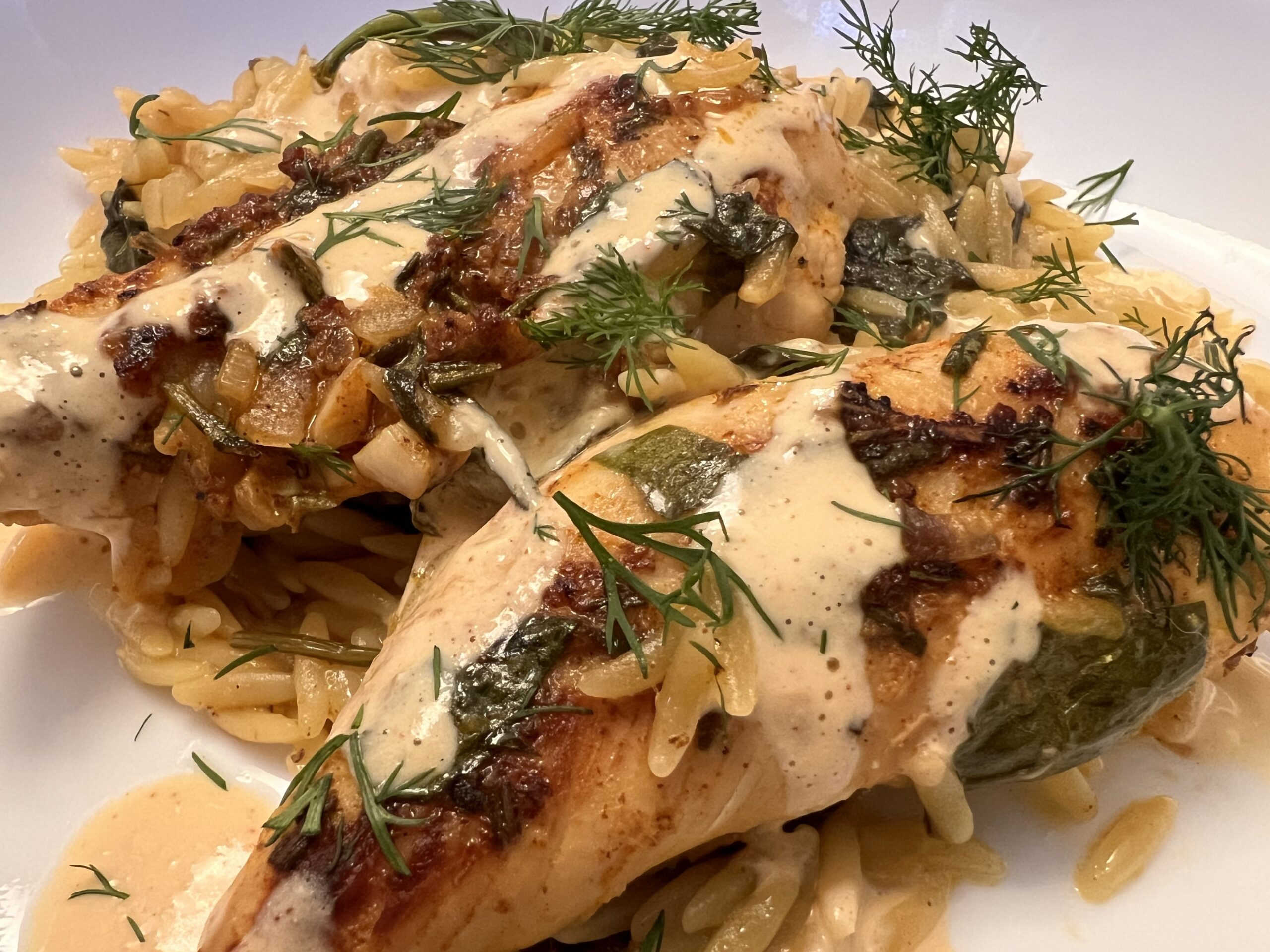 Lemon Butter Dijon Chicken and Orzo with Feta Sauce