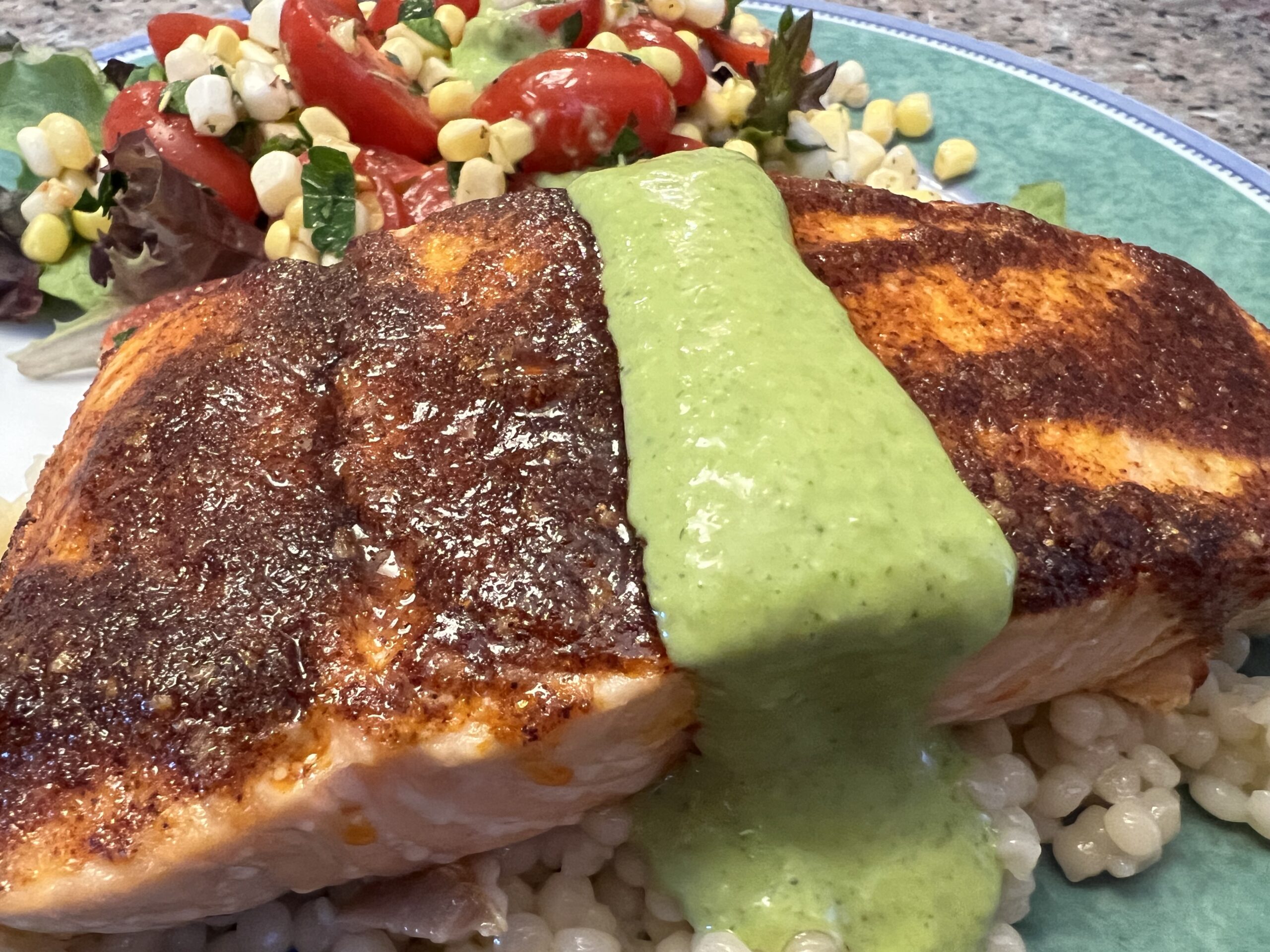 Salmon with Basil Sauce and Tomato Corn Salad