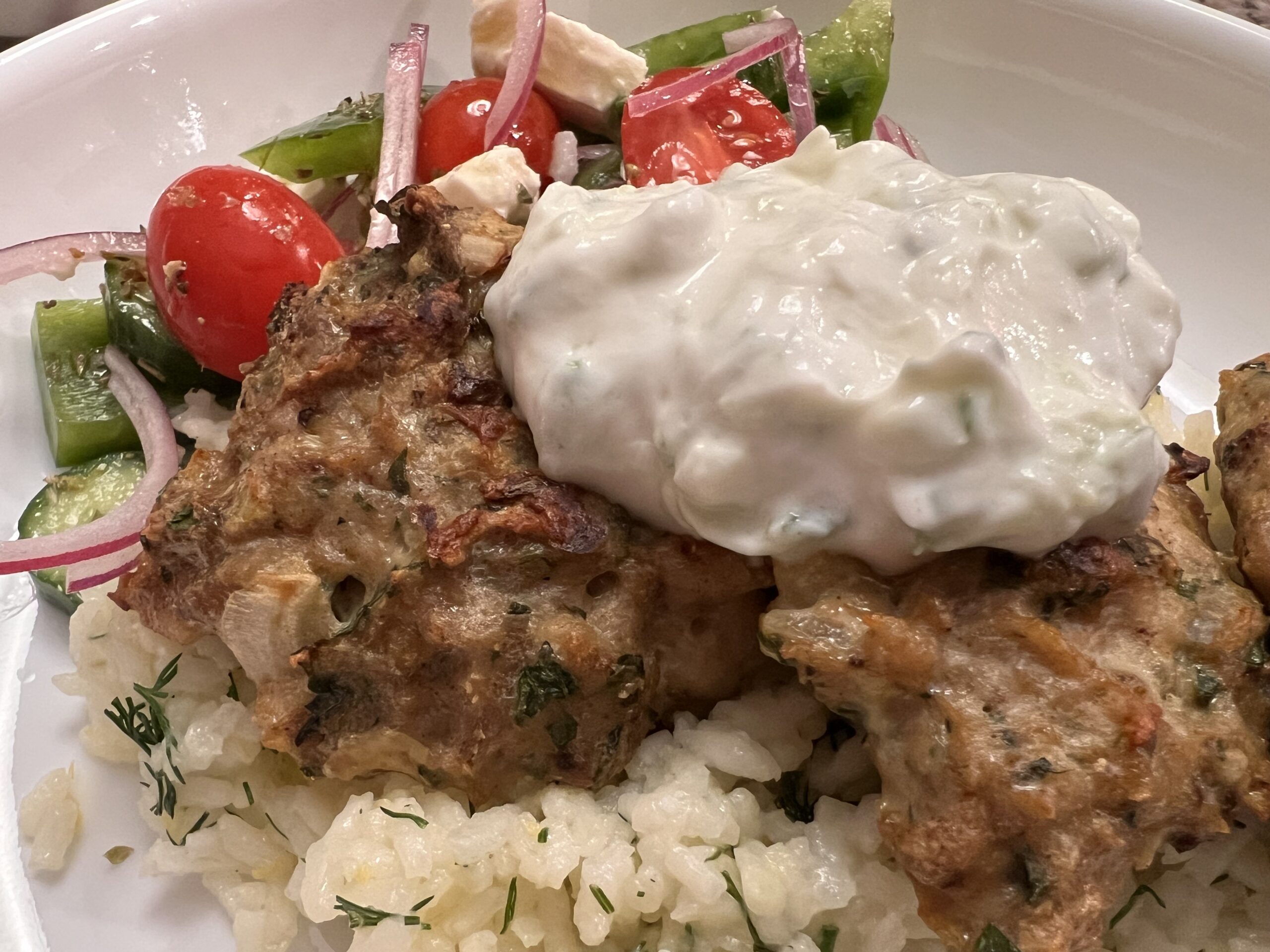 Chicken Kofta with Tzatziki and Lemon Dill Rice
