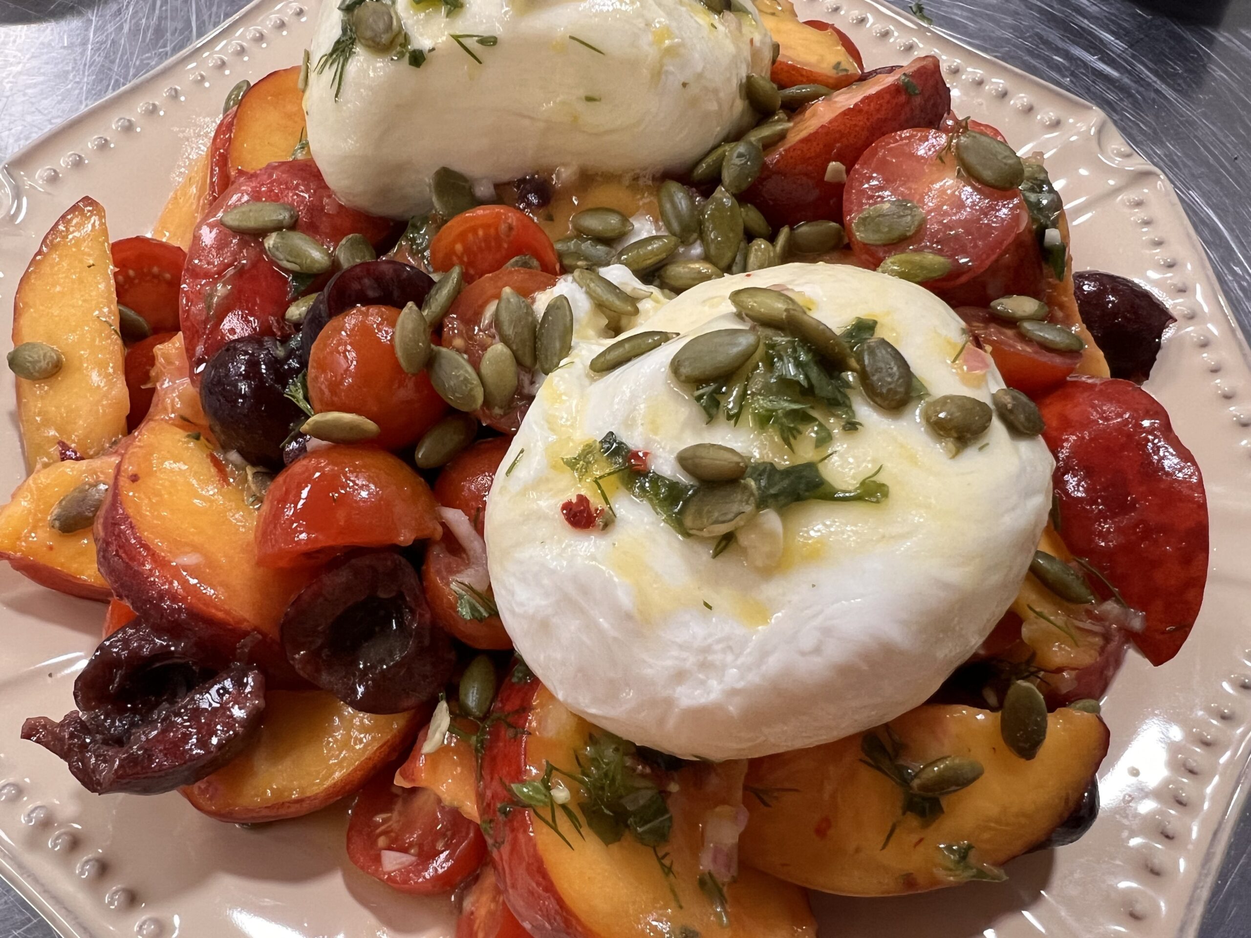 Tomato, Peach, and Burrata Salad