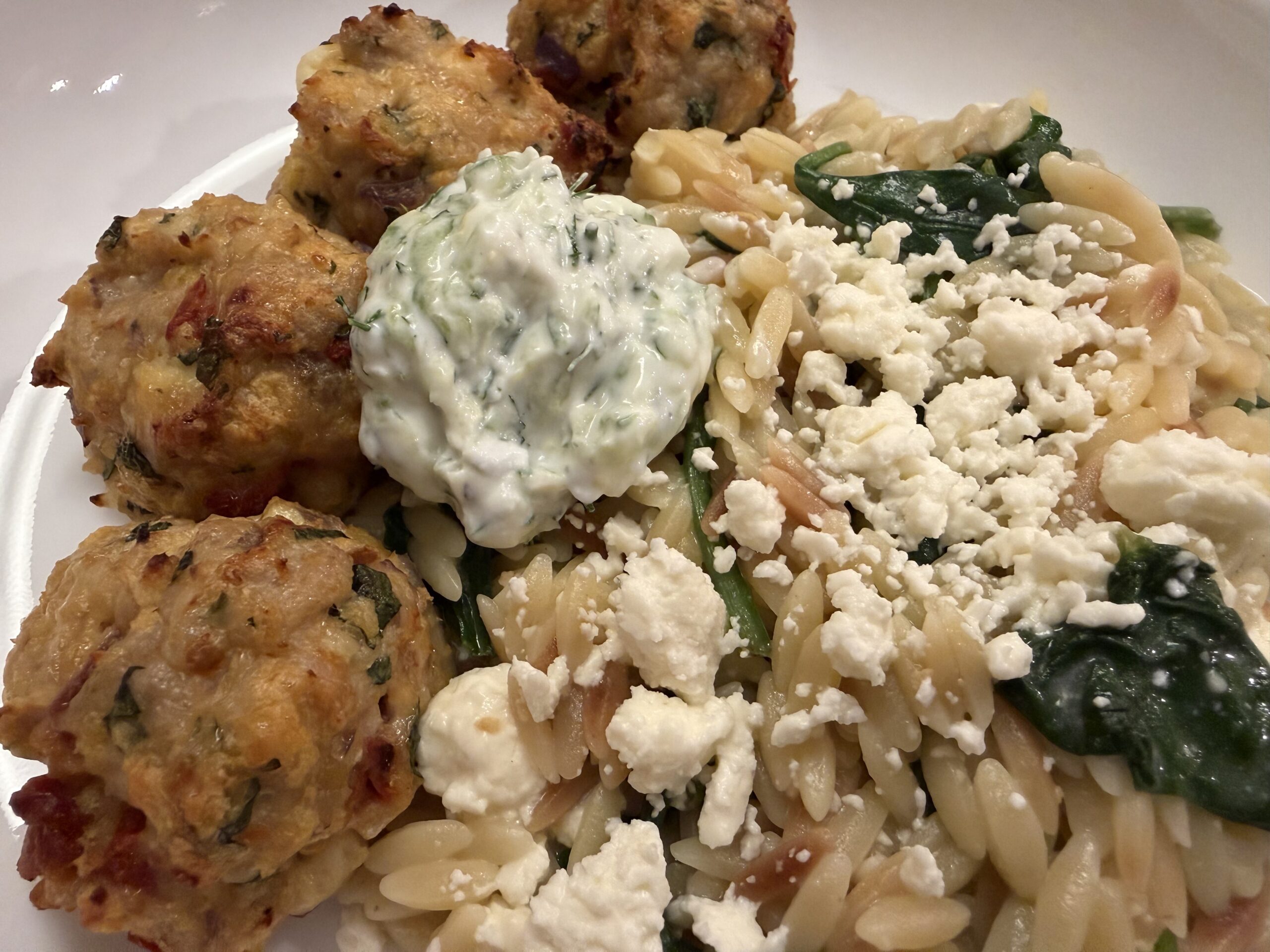 Greek Chicken Meatballs with Lemony Spinach Orzo