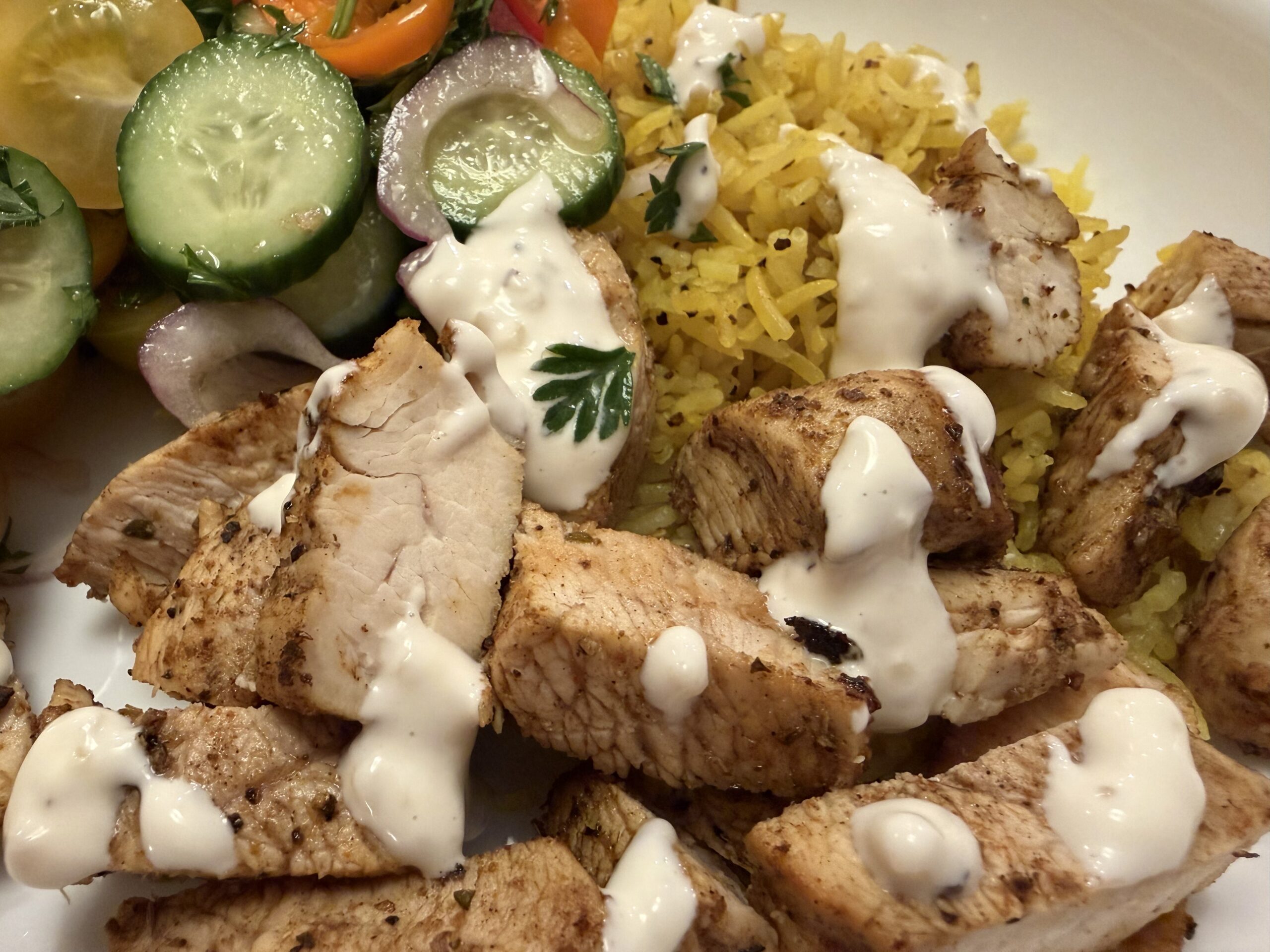 Halal Guys Chicken, Rice, and White Sauce