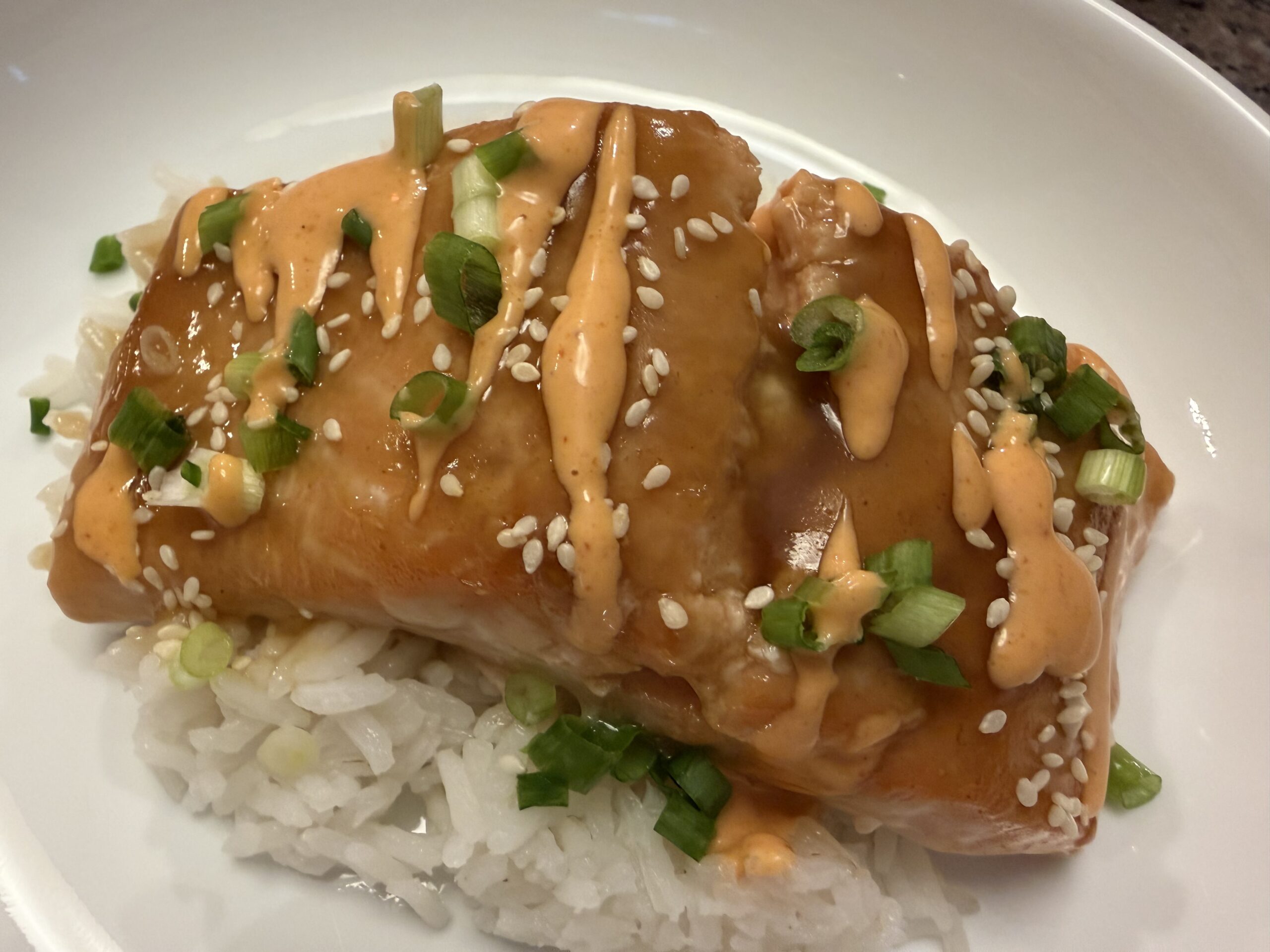 Teriyaki Salmon with Sriracha Cream Sauce