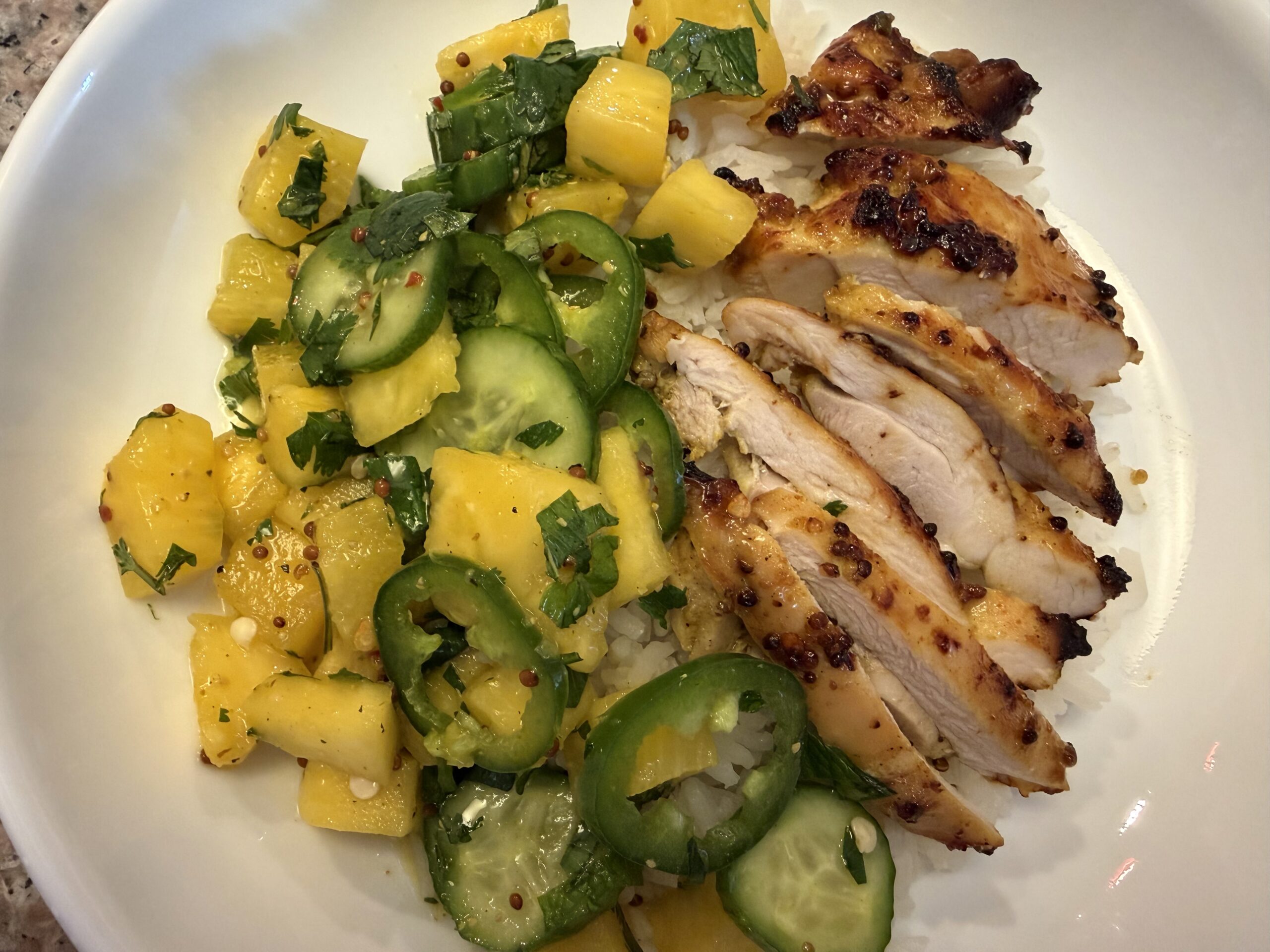 Honey Mustard Chicken with Cucumber Peach/Mango/Pineapple Salad