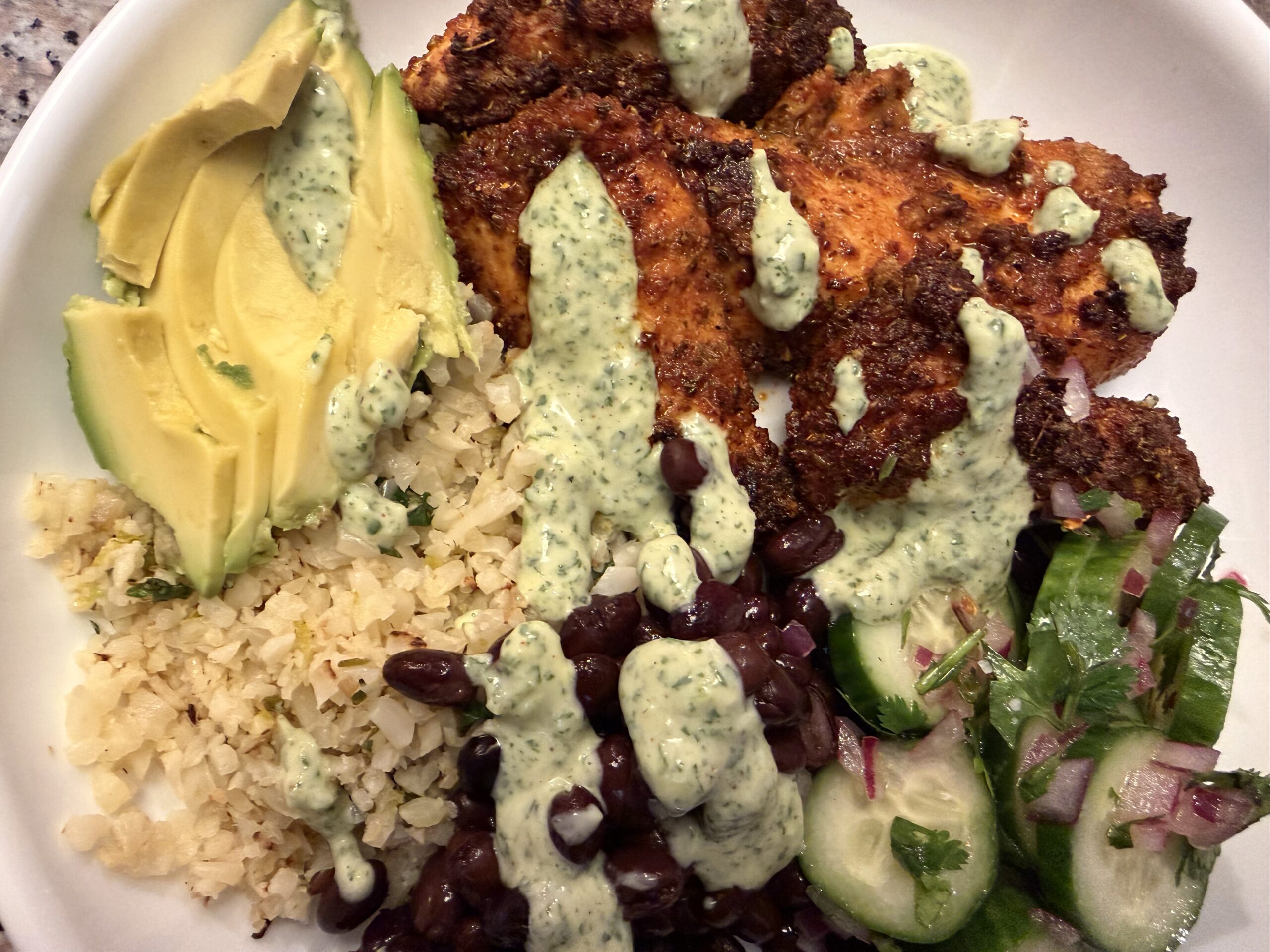 Mexican Chicken Power Bowls with Cilantro Lime Cauliflower Rice and Spicy Creamy Cilantro Sauce
